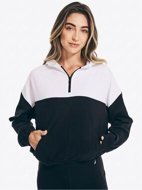 Nautica Colorblock Quarter-Zip Fleece Hoodie in Black and White Size Large